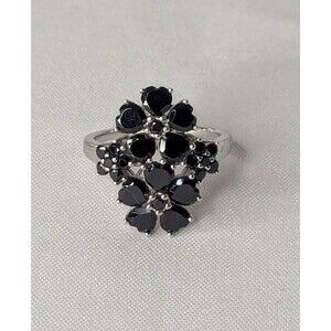 Black Spinel Cocktail Ring - Sterling Silver, Hearts, Size 12